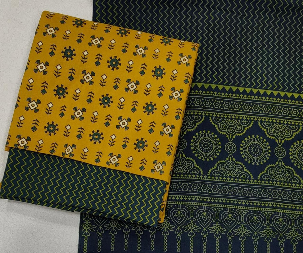 Ajrakh Hand Block Printed Cotton 2 Piece Suit Set with Applique Dupatta |  Mooldhaga