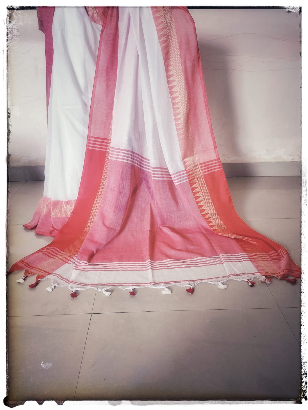 Bengal traditional Red Border White Saree